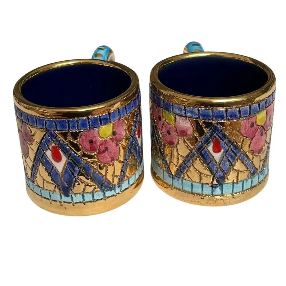 Italian Mosaic Espresso Set Byzantine Peacock Catania 24K Accent Tray Cup Sugar